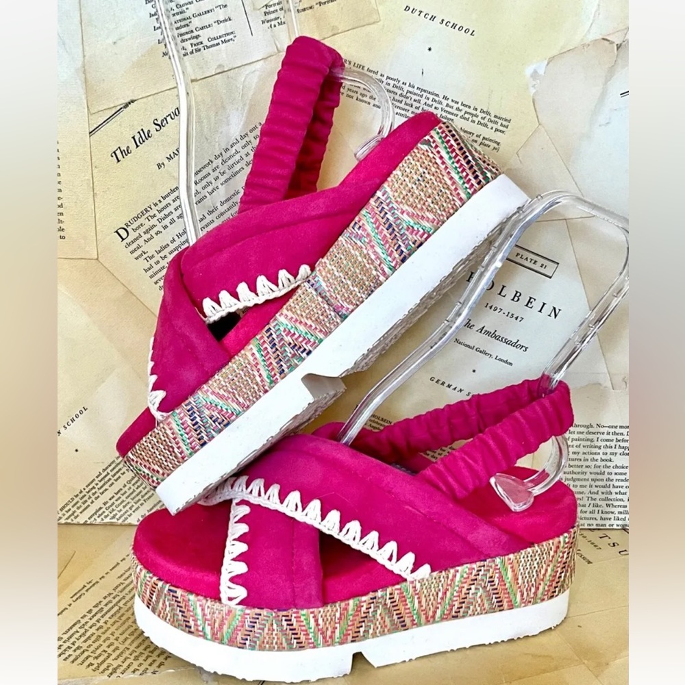 Anthropologie Mou Japanese Platform Sandal Flatform Bright Pink Suede Crochet